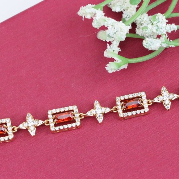 "Rose Gold Bracelet with Red Baguette Stones and Star CZ Links, XPBL0818 - Picture 11 of 12